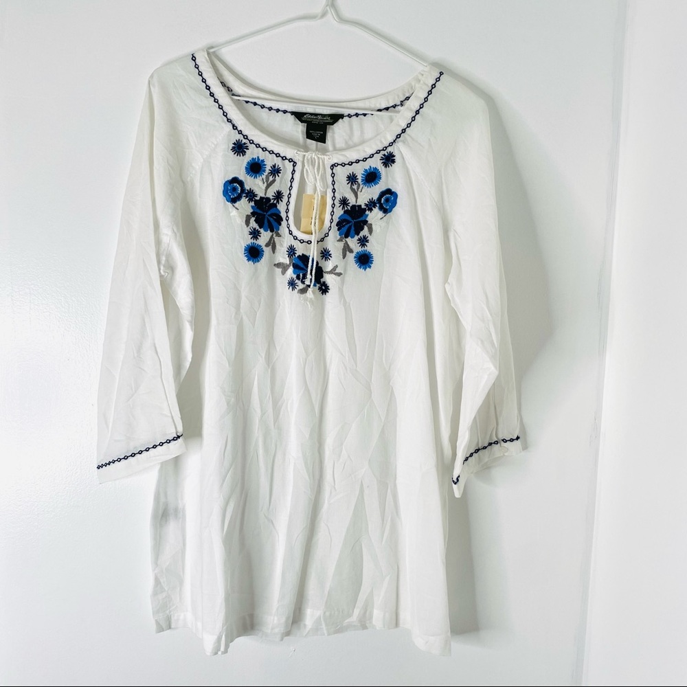 Eddie Bauer White Blue Embroidered Tunic, L